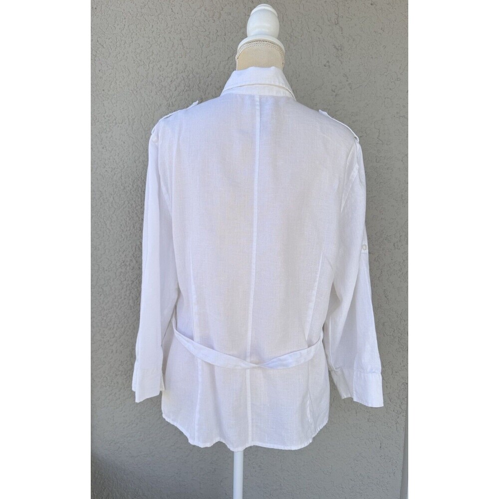 Chaus XL 100% Organic Linen Shirt 3/4 Roll Tab Sleeve Belted Tunic White Pockets - Picture 2 of 15